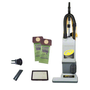 A PROFORCE 1500XP HEPA upright vacuum (VB-103483) in gray featuring a handle, hose, and yellow power cord wrapped around the back.