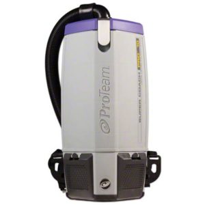 A SUPERCOACH PRO10 HEPA BACKPACK with Xover Tool Kit B (Product Number 107098) and Vacuum B (Product Number 107313), featuring a gray body, purple top, and an attached black hose.