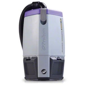 A SUPERCOACH PRO6 HEPA Backpack vacuum cleaner (model 107098) with a gray body, black and purple accents, and a flexible hose at the top, featuring the Xover Tool Kit B and compatible with filter 107314.