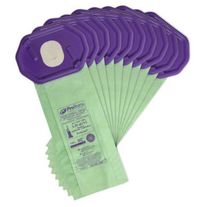 Image showing ten green PROGEN12/15 VACUUM BAG10/PK INTERCEPT MICRO FILTER vacuum bags with purple plastic connections, arranged in a fan-like pattern. The bags feature printed text and vacuum brand information in English.