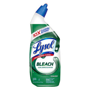 A 24-ounce bottle of LYSOL Toilet Bowl Cleaner with a green and white label, marked "10x Cleaning Actions" and "Kills 99.9% of Germs," featuring a blue cap and a curved spout.