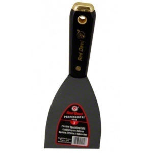 A 3" stiff putty knife with a black handle and a Red Devil Professional label.