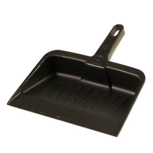 The RCP2005 - 12" Black Rubbermaid Plastic Dust Pan has a short handle and features a ridged interior surface.