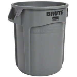 A 20-gallon, gray Rubbermaid BRUTE container with two side handles.