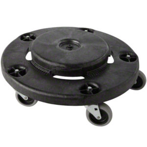 A QUIET DOLLY DOLLY FOR BRUTE CONTAINER in black plastic, featuring four swiveling caster wheels, designed for transporting heavy loads.