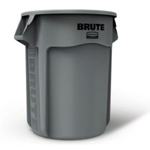 A 55-gallon Rubbermaid Brute container in gray featuring a simple cylindrical design and two side handles.