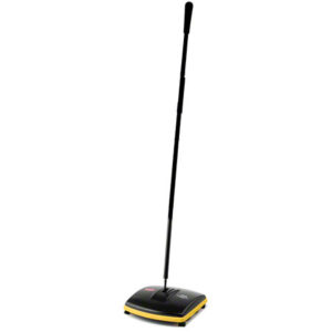 The RUBBERMAID FLOOR AND CARPET MANUAL SWEEPER, featuring a black and yellow design with an upright handle.