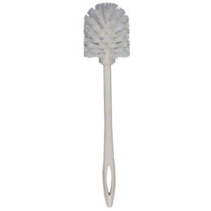 The TOILET BOWL BRUSH WHITE - EACH is a long-handled toilet brush featuring white bristles arranged in a rounded pattern at the end, designed for cleaning toilets.