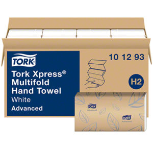 A box of Tork Premium Soft Xpress M-Fol3 Panel 16/189 CS, with one towel partially removed.