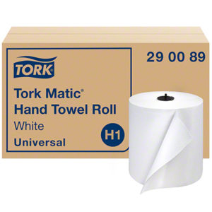 Box of 290089 HARDWOUND ROLL TOWEL WHTTORKMATIC, labeled "Universal H1," containing six 7" x 700' white hand towel rolls. One roll is displayed outside the box.