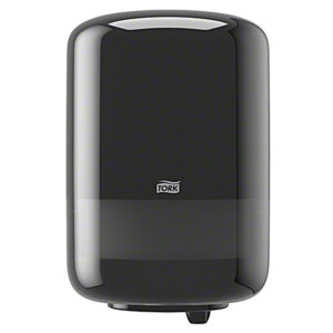 Black wall-mounted Tork Elevation paper towel dispenser with a Tork logo on the front.