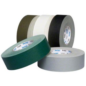 Five rolls of 3"x36 YARDS 6 MIL vinyl adhesive duct tape in colors black, white, gray, green, and olive, arranged in a semi-circle.