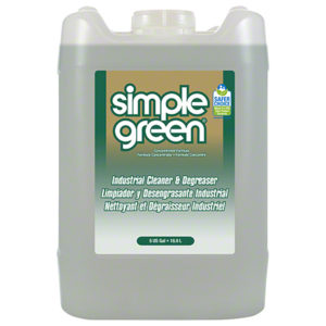 A 5-gallon container of Simple Green Industrial Cleaner and Degreaser, branded as SIMPLE GREEN 5 GALLON PAIL, featuring a green label with text in English, Spanish, and French.