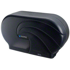 Introducing the DISP TOILET TISSUE TWIN FOR 9" JUMBO BATH TISSUE-OCEANS SEE-THROUGH GRAY SMOKE PLA, a wall-mounted toilet paper dispenser designed for commercial use. This black and gray unit features a center label for easy identification.