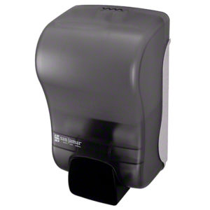 A SAN JAMAR Manual Soap & Sanifoam Soap Dispenser in black and stainless steel, featuring the San Jamar logo on the front.