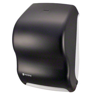 A +DISP ROLL TWL TEAR-N-DRY TOUCHLESS BATTERY OPERATED paper towel dispenser in black, wall-mounted with a sheet of white paper towel hanging down.