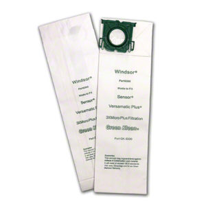 Two vacuum cleaner bags labeled "VACUUM BAGS WINDSOR SENSOR/VERSAMATIC PLUS XP 12, 15, 18 & ALL" with printed text detailing compatibility with various models and filtration features.