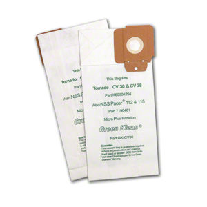 Two white vacuum cleaner bags with brown cardboard attachments, showcasing compatibility information for models including Tornado 30", CV30, CV38, NSS Pacer, and Great Klean brand.