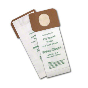 Two replacement vacuum cleaner bags labeled "Green Klean" designed to fit specific Pro Team models. These GENERIC BAGS FOR 1500 & 1500XP10/PACK (GK-ELU-10) are white with brown tops and feature text providing product and fitting information.