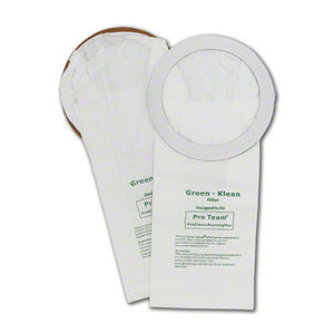 Two white vacuum cleaner bags with circular openings, labelled "GENERIC QUIETPRO & RUNNING VAC10/PACK (GK-PROCLN)" featuring printed instructions and specifications.