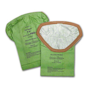 Two GENERIC SUPER COACH PRO 610/PACK (PT-PRO6QT) vacuum cleaner bags are displayed. One bag is upright, showing the brand "Green Klean," and the other bag is lying flat, revealing its opening. Both bags have printed text and usage information.