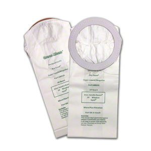 Two white, rectangular GENERIC VACUUM BAGS FOR SUPERCOACH bags with circular openings and printed text detailing their specifications and compatibility with various models (10 per pack).