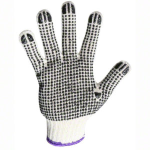 The LG/XL COOL GRIP GLOVES, sold by the pair, feature a white design with black rubberized dots on the palm and fingers and a purple cuff.