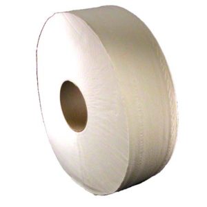 A large roll of industrial beige toilet paper with a central cardboard core, specifically the 410048 HEAVENLY SOFT 2 PLY JUMBO TOILET TISSUE - 1400'/roll, packaged in a case of six rolls.