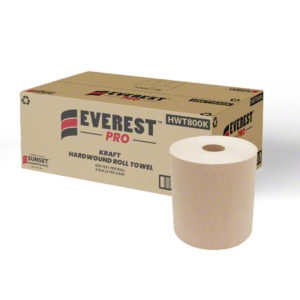 A cardboard box labeled "H085 SELECT 8" KRAFT ROLL TOWEL" with an image of a roll of kraft paper towel in front of it.