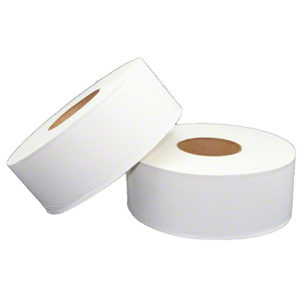 Two large rolls of B140 SELECT 2 PLY JUMBO TOILET TISSUE, each measuring 1000 feet per roll and featuring a pristine white hue, are arranged with one resting at an angled position atop the other against a plain white background.