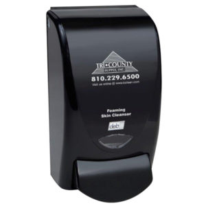 Black wall-mounted soap dispenser labeled "Tri-County Supply, Inc." with contact details and product name "TC FOAM 1 Liter Black Curve Soap Dispenser w/ TC Logo.