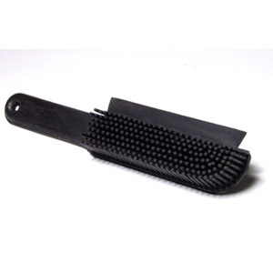 The RUBBER PET HAIR BRUSHALT#PHB-1 is a black rubber brush with a handle, equipped with bristles on one side and a scraper edge on the other.