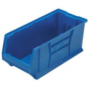 The JUMBO ULTRA BLUE BIN FOR TRI-4SHELF 25x11x10 is a sturdy, blue plastic storage bin with an open front and reinforced sides, perfect for organizing and holding items.