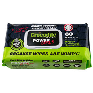 Package of CROCODILE CLOTH POWER SCRUB-80CT HUGE CLOTHS PER PACK pre-moistened cleaning cloths with slogans "Because Wipes are Wimpy" and "Bigger, Tougher, Fiercely Clean." Contains 80 oversized cloths measuring 15" x 10".