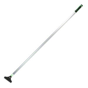 A 4-foot aluminum-handled light-duty floor scraper with a black 4-inch angled blade and a green and black grip at the end, known as the UNGER 4" Light Duty Scraper.