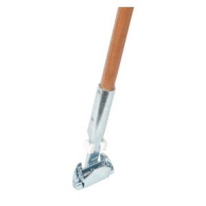 Close-up of the BWK1490 HANDLE 60" DUST MOP SWIVEL SNAP, featuring a wooden handle and metal components, used for installing and tightening carpet.