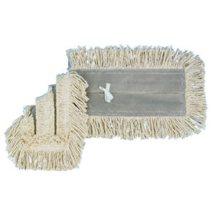 The 24" DISPOSABLE DUST MOP HEAD- EACH 1624, featuring a flat beige design with white fringe edges and a central rectangular fabric panel, is displayed on a white background.