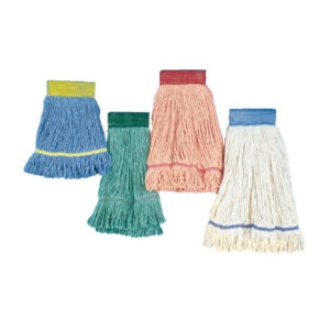 The SMALL BLUE MOP HEAD, along with green, pink, and white mop heads, are arranged side by side. All mop heads feature a band near the top for securing to a mop handle.