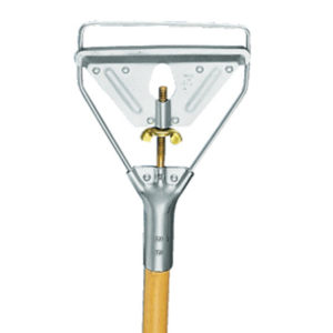 Close-up view of the HANDLE MOP 60" QUICK CHANGE WOOD & METAL, featuring a sturdy metal frame and a wooden handle.