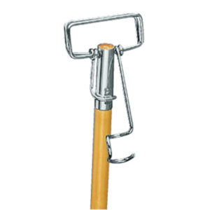 A close-up of the HANDLE MOP 60" CLASSIC SPRINGGRIP (BWK 609) metal grip with a yellow extension pole attached. The metal grip features a rectangular opening and a hook for securing the mop head.