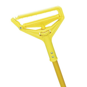 The HANDLE MOP 60" QUICK CHANGE VINYL/ALUMINUM (product code: bwk620) features a yellow handle with a plastic holder for attaching mop heads and includes a twist mechanism for wringing.