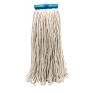 A Boardwalk 16oz Rayon White Mop Head with thick cut-end strands and a blue plastic head is shown against a plain background.