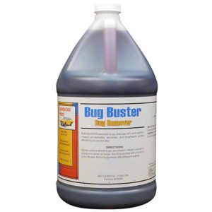 A 5-gallon pail of BUG BUSTER RTU FORMULA with a label detailing its use for removing bugs, tree sap, and tar from vehicles, and instructions for application.