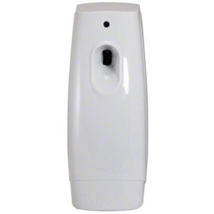 The TIMEMIST CLASSIC METERED AIR FRESHENER DISPENSER in white features a central dispensing nozzle and a small indicator light positioned above it.