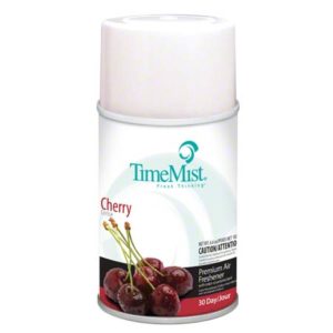 TimeMist Premium Air Freshener, Cherry Jubilee Scent, 30-day supply, in a white aerosol can with an image of cherries on the front.