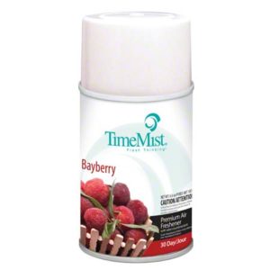 A can of Bayberry/Cinnamon Stick-Spice Metered TimeMist Air Freshener, featuring an image of fresh bayberries on the label.