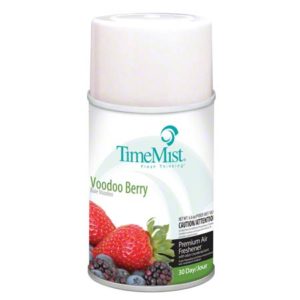 The Voodoo Berry/Wild Berry Metered TimeMist Air Freshener features images of strawberries, raspberries, and blackberries, with text that reads "30 Day/ Jour," "Caution/ Attention," and "Fresh Thinking.