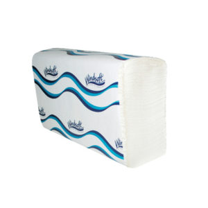 A packaged stack of WIN101 C-Fold TAD towels wrapped in branded paper with the name "Windsoft" and a blue wave design, available in 12 packs totaling 2400 towels per case.