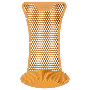 A yellow SPLASHLESS URINAL SCREEN with a honeycomb pattern and raised bristles towards the bottom, available in a box of 6 with a refreshing mango scent.