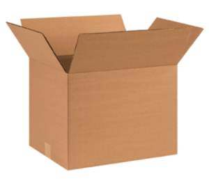 Open, empty 16x12x12 brown Kraft cardboard box with flaps folded outward, from the BOX, 25 per bundle collection.